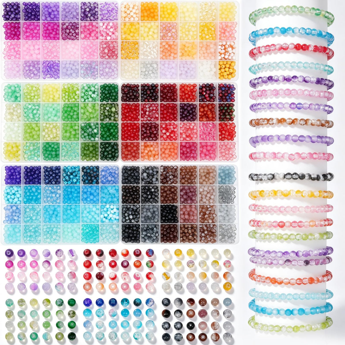 2500PCS 8mm Glass Beads Bracelet Making Kit, 96 Colors Crystal Beads for Jewelry Making, 4 Box Round Beads Suitable for Beginners