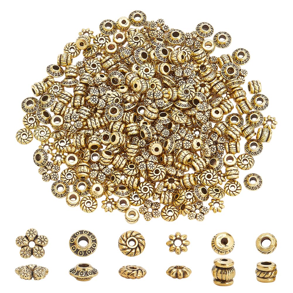 PH PandaHall 300pcs 6 Style Antique Silver Spacer Beads, Tibetan Metal Alloy Tube Spacers Flower Flat Rondelle Small Loose Beads for Bracelet Necklace Earring Jewelry Making Supplies
