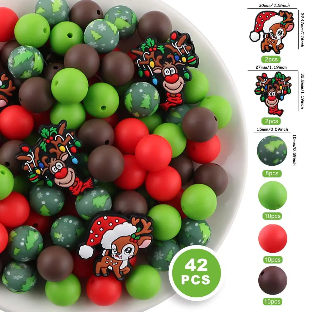 42pcs Halloween & Christmas Beads Set, Silicone Beads, Focal Beads, DIY Crafts, Pen Charms, Keychain Pendants, Holiday Decorations, Diy Beads Kit, Beading Kits, Beading Supplies, Beads And Accessories
