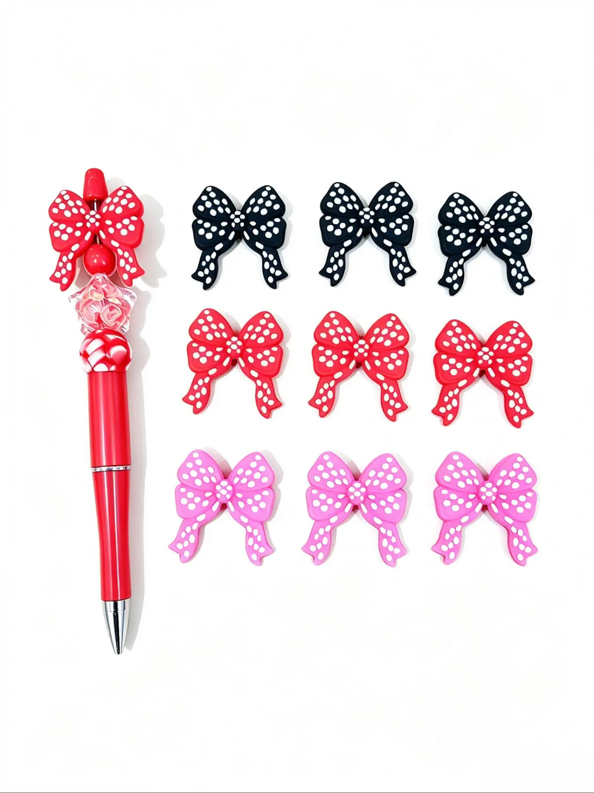9pcs Polka Dot Bow Silicone Focal Beads, Colorful Bow Charms, DIY Beaded Pen Keychain Jewelry Making, Cute Craft Supplies, Beads For Crafts