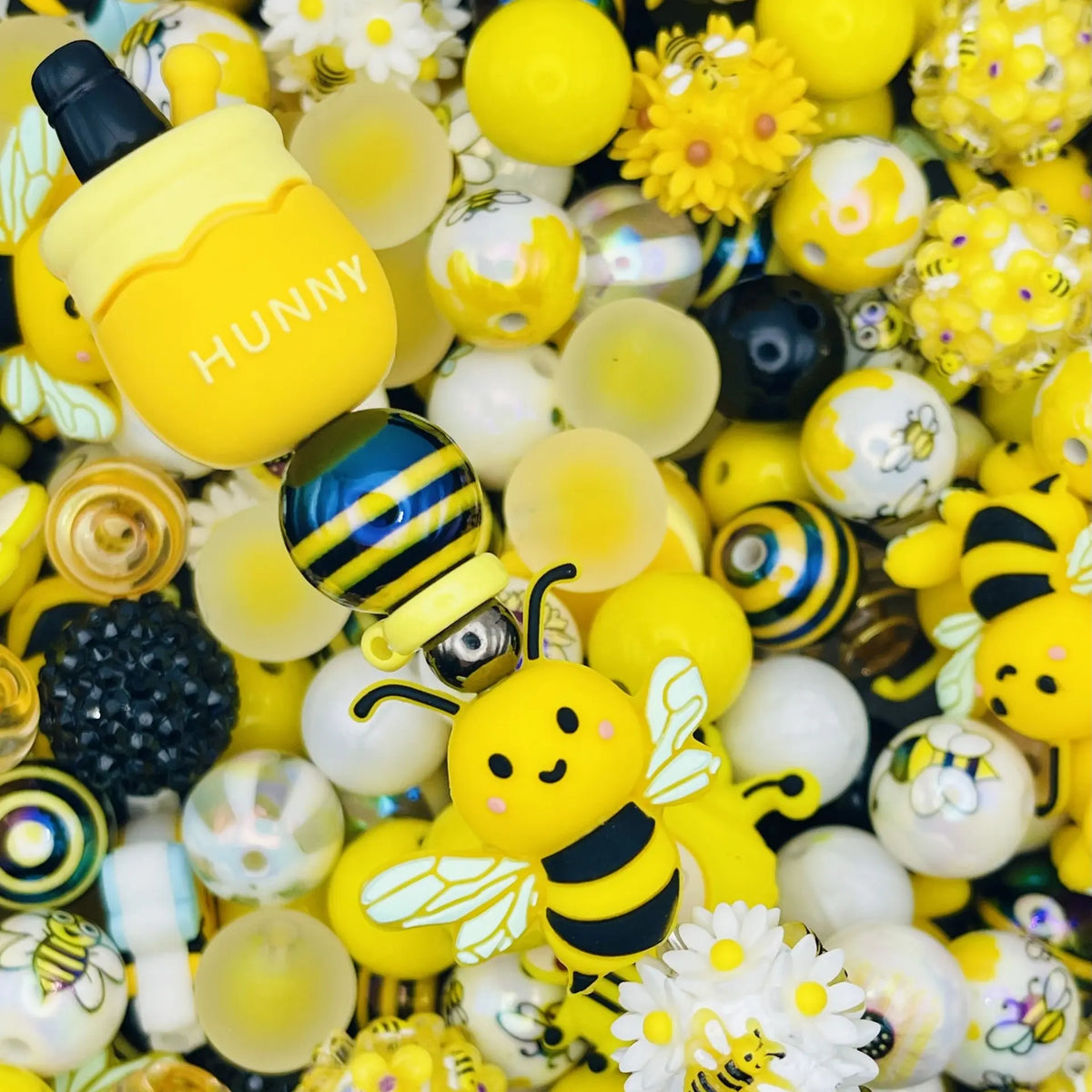 Bumble Bloom Bead Mix - Bee Silicone Beads & Yellow Black Themed Beads for DIY Crafts Mixed Acrylic Silicone Varies in Size Adjustable Beaded Design Beaded Mesh Beaded Tassel Charms