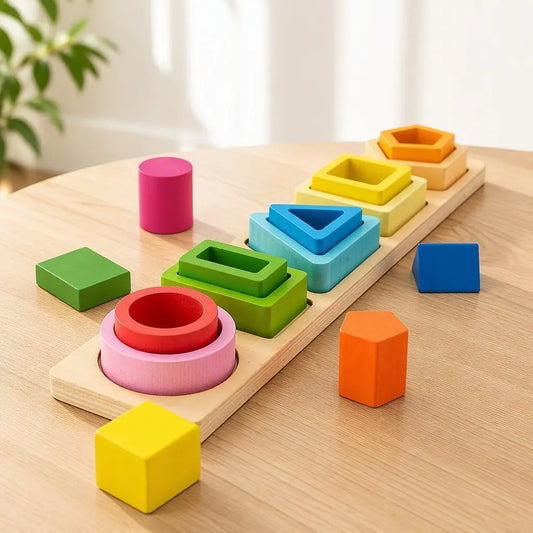 Wooden Montessori Shape & Color Sorting Stacking Teaching Aids for Toddlers, Solid Wood Shape Nesting Puzzle Board with Smooth Edges, Vibrant Color Cognition Learning Tool with Child‑Safe Eco Paint for Early Educational Development