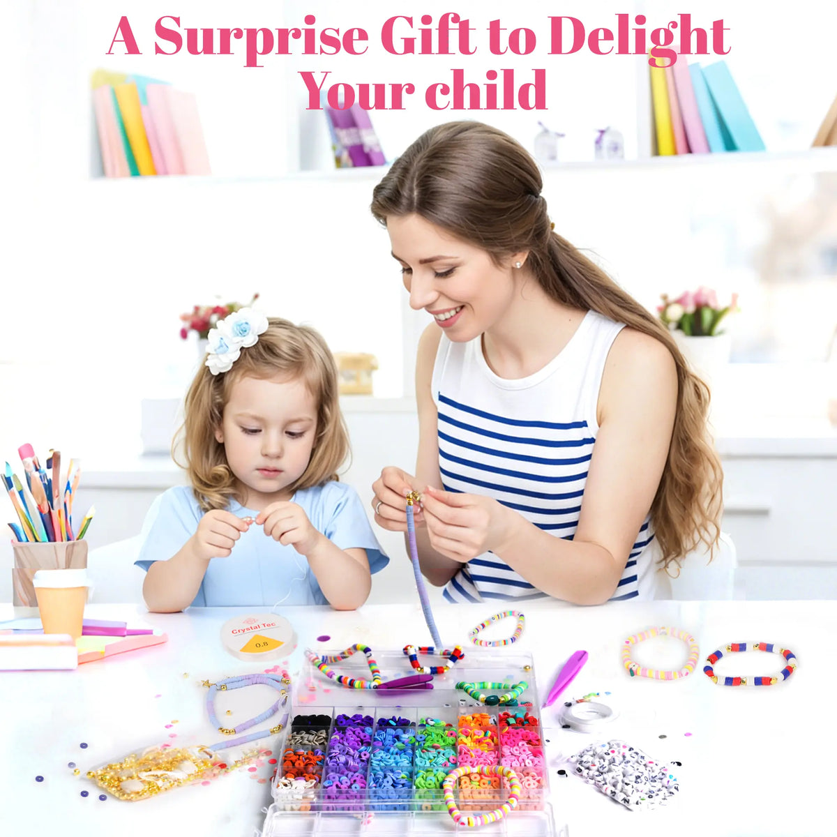 Bonison 6000pcs DIY Clay Beads Bracelet Making Kit – Preppy Color Polymer Clay Heishi Beads & Charms Set, Jewelry Making Craft Kit for Girls Age 6+, Birthday Gift Idea