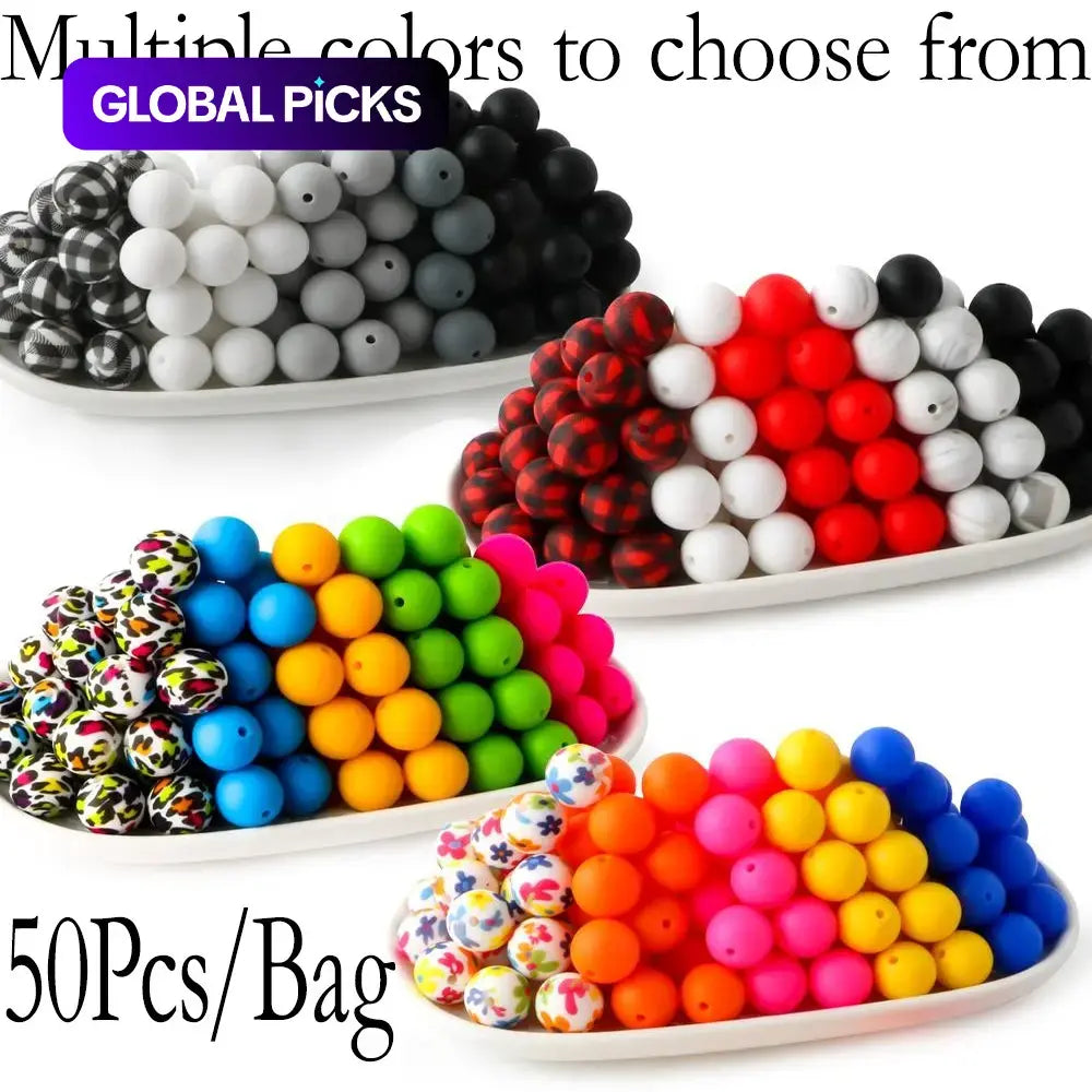 15mm Silicone Beads, 50-Piece Round Printed Bead Set, Beads for Crafts, Beading Supplies, DIY Jewelry-Making Supplies for Bracelets, Necklaces, Earrings and Pendants #GLOBAL PICKS