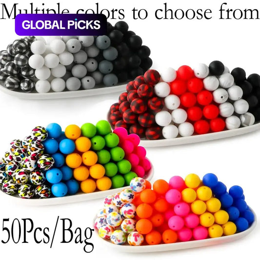 15mm Silicone Beads, 50-Piece Round Printed Bead Set, Beads for Crafts, Beading Supplies, DIY Jewelry-Making Supplies for Bracelets, Necklaces, Earrings and Pendants #GLOBAL PICKS