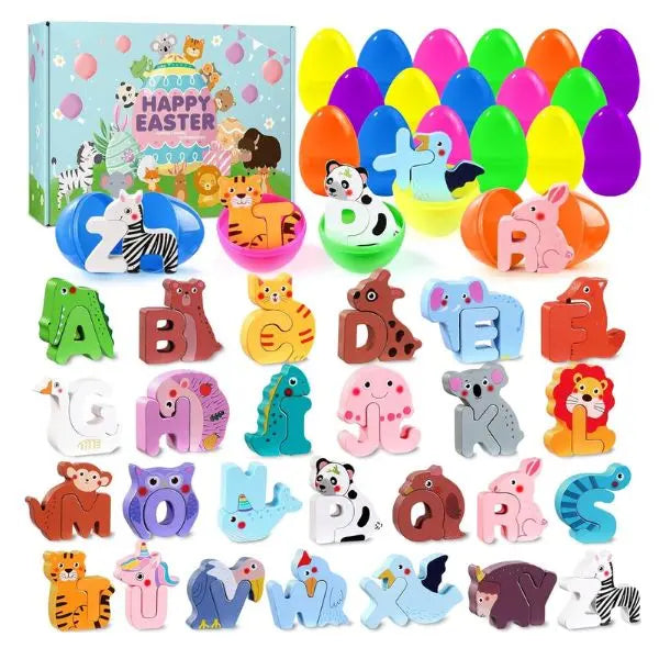 26 Pack Prefilled Easter Eggs with Animal Alphabet Wooden Puzzles – ABC Learning Toys, Easter Egg Fillers, Easter Basket Stuffers for Toddlers & Kids