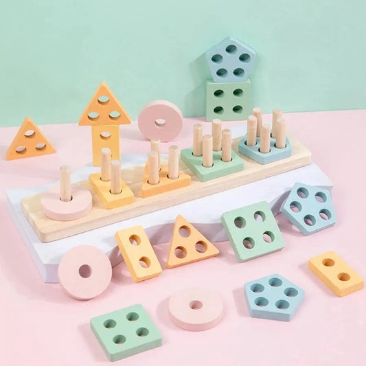 Montessori Unisex BPA-Free Latex-Free Wooden Color Sorting Stacking Blocks - Construction-Themed Shape Sorters for 3+ Months Toddlers, Kids' Fine Motor Skill Development Toy