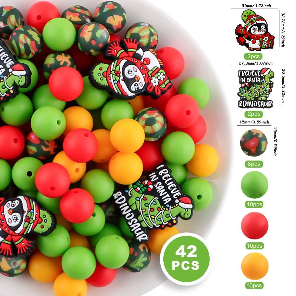 42pcs Halloween & Christmas Beads Set, Silicone Beads, Focal Beads, DIY Crafts, Pen Charms, Keychain Pendants, Holiday Decorations, Diy Beads Kit, Beading Kits, Beading Supplies, Beads And Accessories
