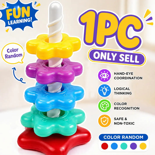 1pc Rainbow Rotating Stacking Rings, a fun super spinning tower shape sorter that can train hand-eye coordination, promote brain development, and is a great educational early learning product and Christmas gift