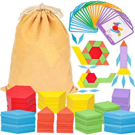 209pcs Wooden Geometric Shapes Pattern Blocks Set, Kids Tangram Puzzles with 24 Activity Cards, Storage Bag & 3 Levels Challenges, Camping-Friendly Educational Gift for Toddlers Aiding Children Development & Cultivating Teamwork Skills