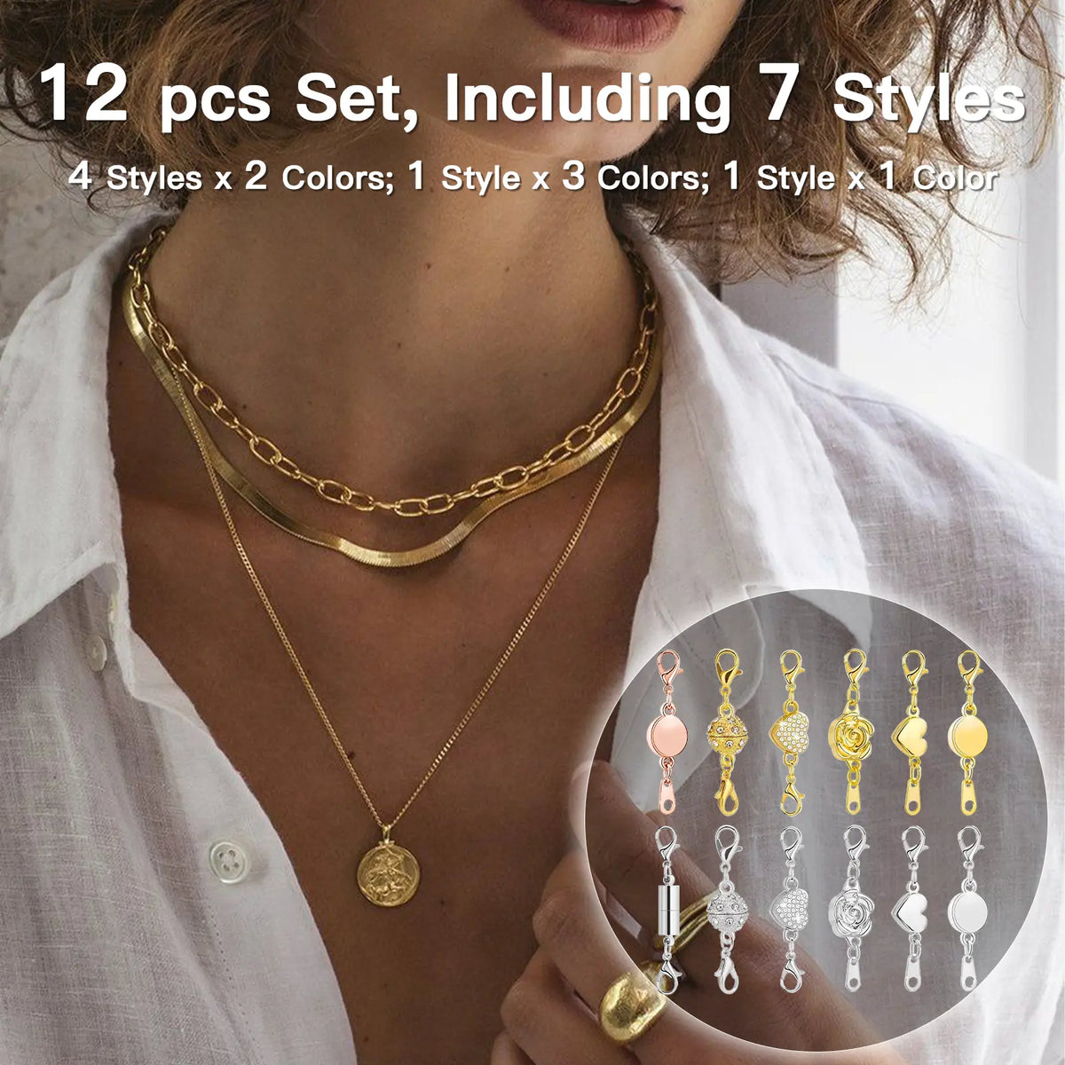 Women's 12pcs Magnetic Necklace Clasps & Closures Clasp Set (7 Styles, 3 Colors) - Strong Grip Jewelry Extender, Gold/Silver/Rose Gold Plated, Crafted from Stainless Steel, Fits Any Necklaces, Ideal for Beading & Jewelry Making DIY Supplies