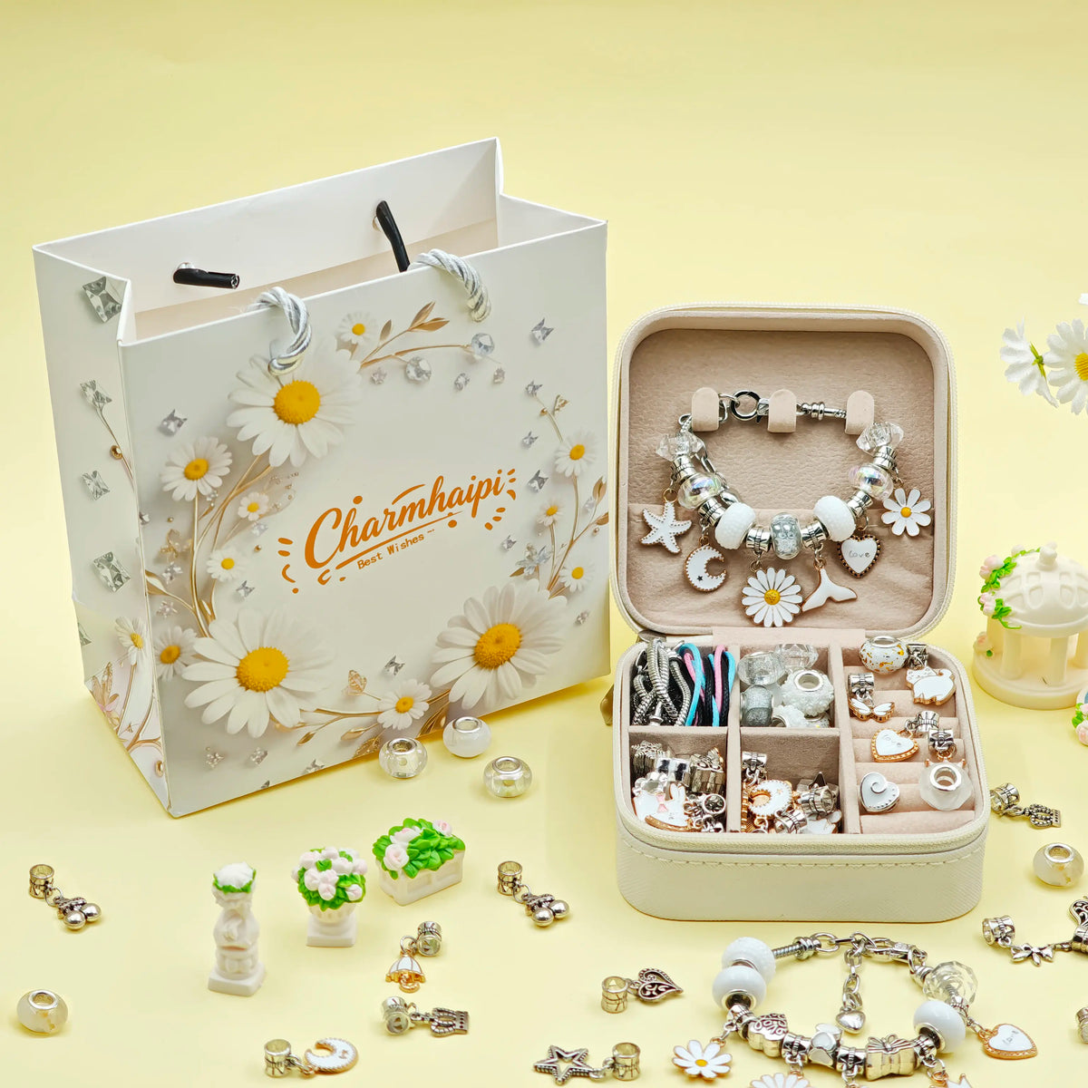 2026New Daisy Handmade Jewelry & Accessories 68Pcs DIY Beads Charm Bracelet for Women Making Kit with Jewelry Box Spring Daisy Beading & Jewelry Making Supplies Kit Special Art Handcraft Gift Spring Limited Edition Jewelry Gifts Set for Girlfriend