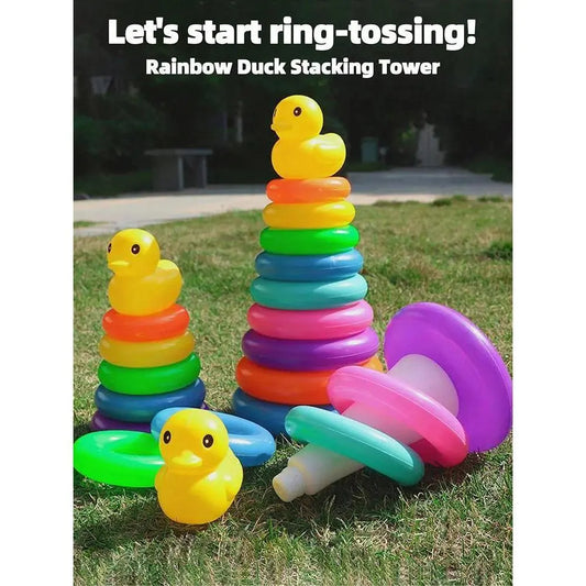 Unisex Yellow Duck Plastic Rainbow Stacking Rings & Circle Blocks Toy, Interactive Circle Toss Game, Classic Novelty Stress Relief Birthday Gift