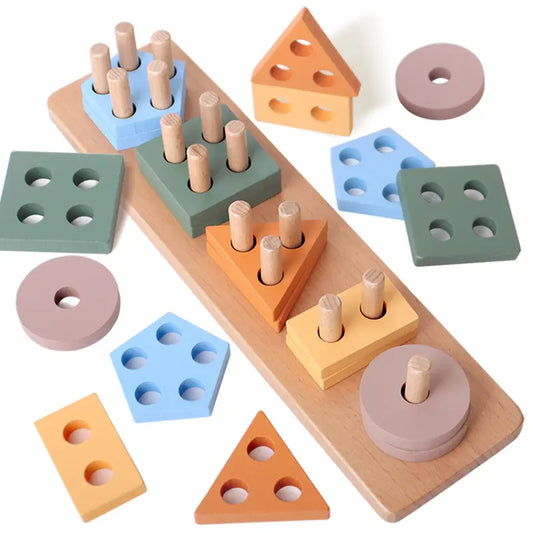 Wooden Geometric Shape Sorter Game Set - Colorful Stacking Unisex Toddler Educational Toy for Home, All-Seasons Fine Motor Activity & Children Development, Classroom Color Matching Tool