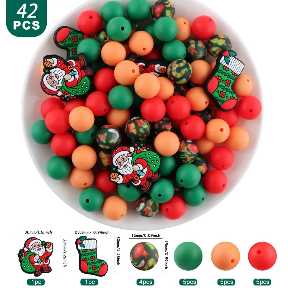 42pcs Halloween & Christmas Beads Set, Silicone Beads, Focal Beads, DIY Crafts, Pen Charms, Keychain Pendants, Holiday Decorations, Diy Beads Kit, Beading Kits, Beading Supplies, Beads And Accessories