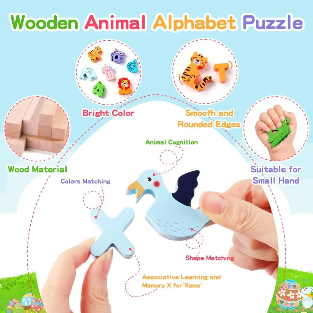 26 Pack Prefilled Easter Eggs with Animal Alphabet Wooden Puzzles – ABC Learning Toys, Easter Egg Fillers, Easter Basket Stuffers for Toddlers & Kids
