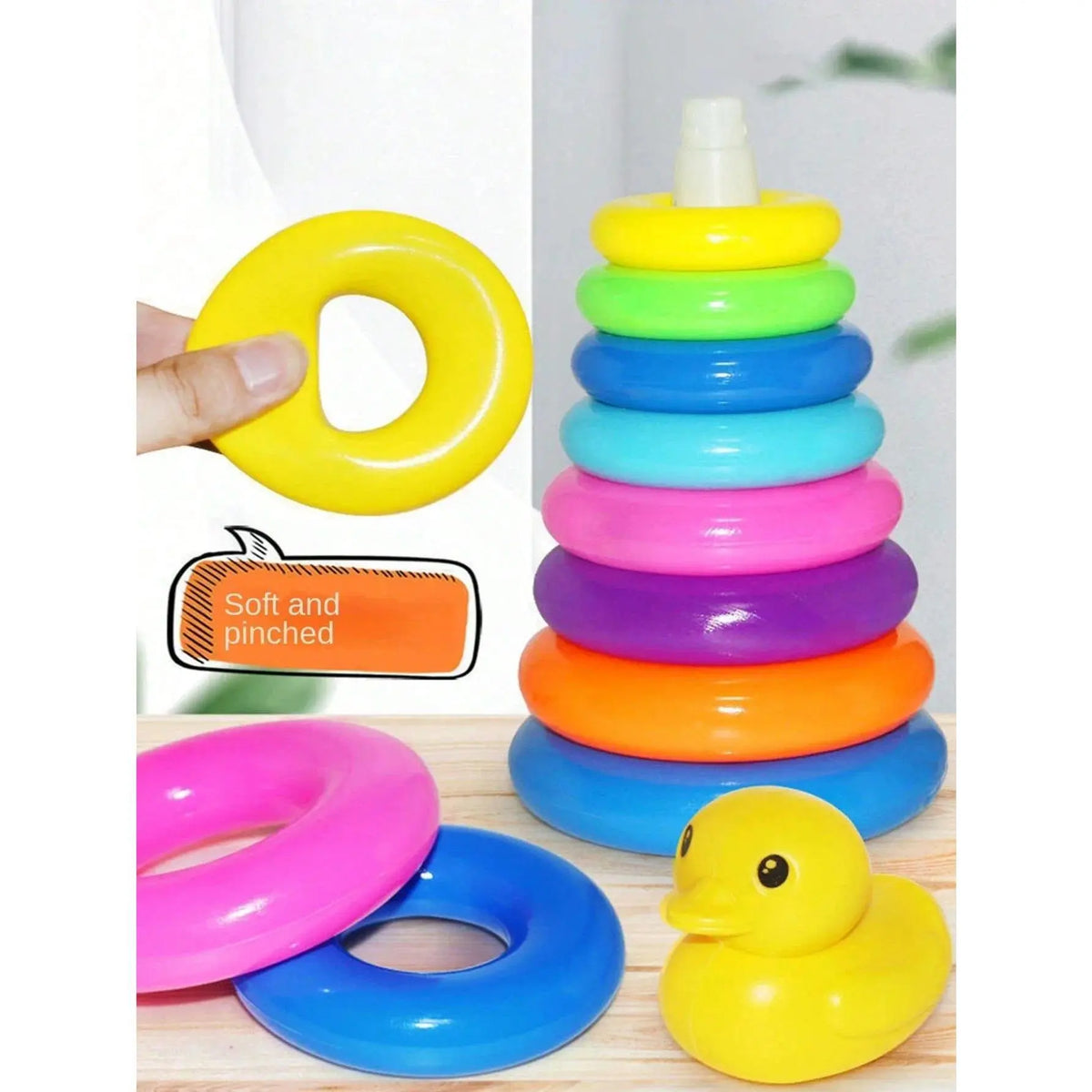 Unisex Yellow Duck Plastic Rainbow Stacking Rings & Circle Blocks Toy, Interactive Circle Toss Game, Classic Novelty Stress Relief Birthday Gift