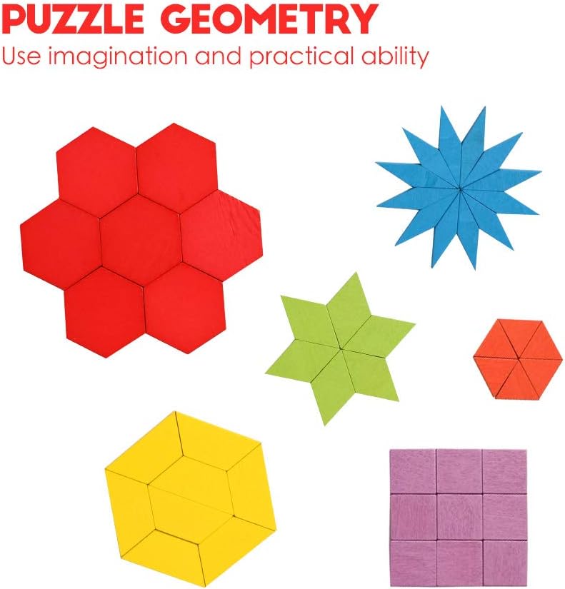JCREN Wooden Pattern Blocks Geometric Tangram Shape Puzzle 155Pcs