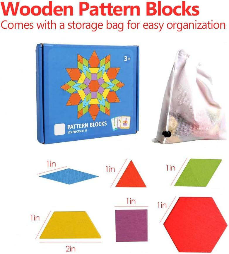 JCREN Wooden Pattern Blocks Geometric Tangram Shape Puzzle 155Pcs