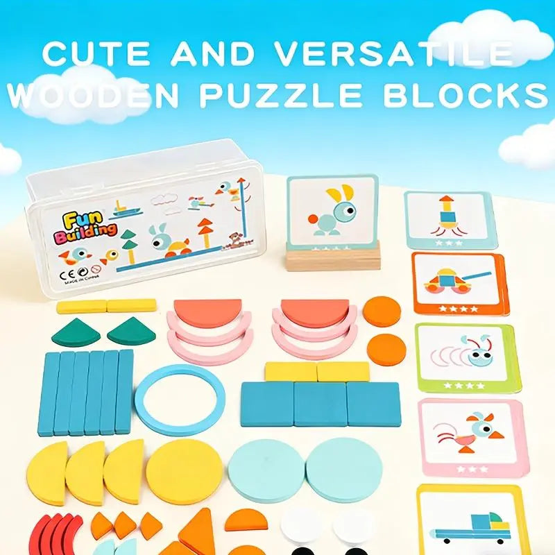 Unisex BPA-Free Wooden Geometric Puzzle Blocks - Safe Construction Toy, Cognitive Sports Play, Animals & Nature Theme, Children Development Trainer, Shape Matching Stacking Toy, Plastic Storage Box, Birthday Gift