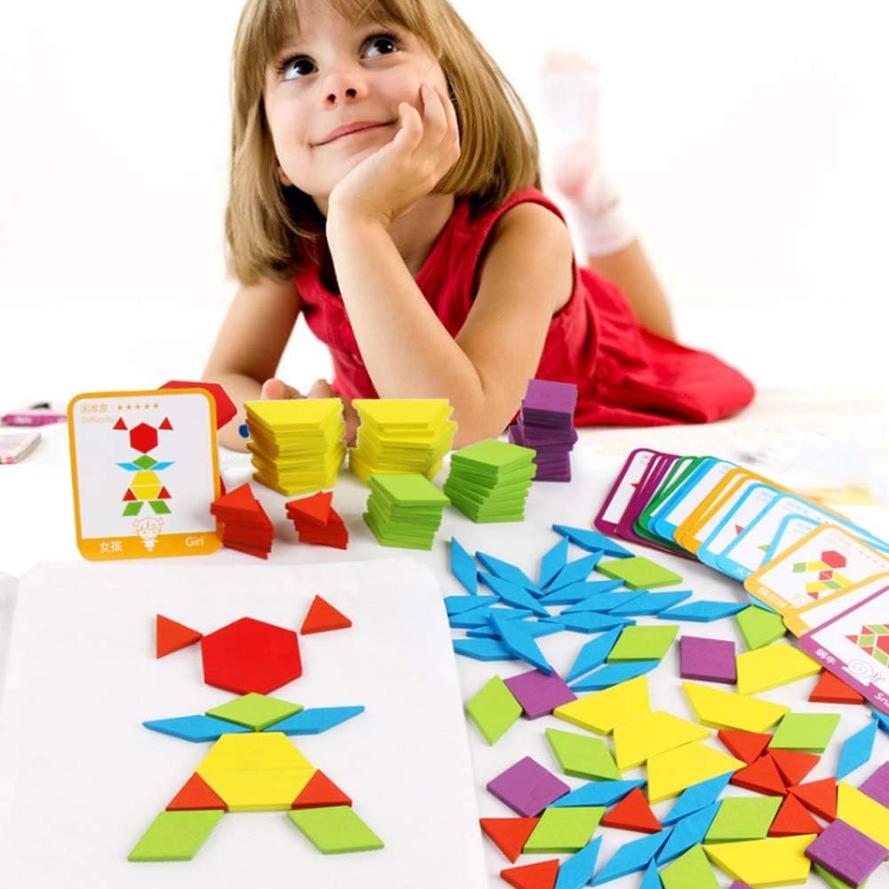 JCREN Wooden Pattern Blocks Geometric Tangram Shape Puzzle 155Pcs
