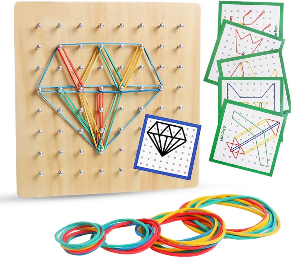 Wooden Geoboard, Montessori STEM Toy with Pattern Blocks for Kids Ages 3+