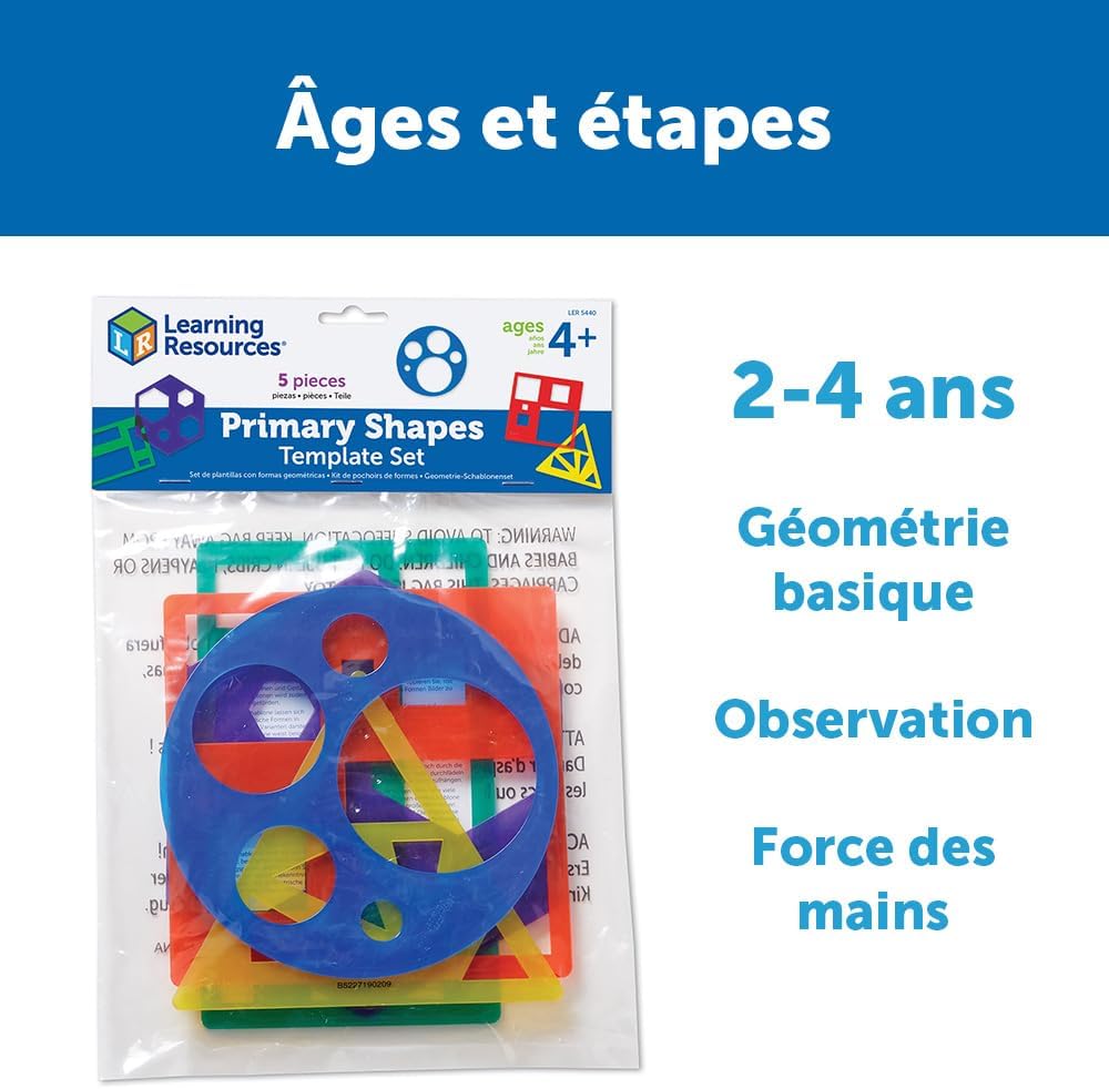 Learning Resources Primary Shapes Template Set - 5 Pieces, Ages 4+ Homeschool and Classroom Supplies, Geometric Shapes, Tracing Helper for Kids