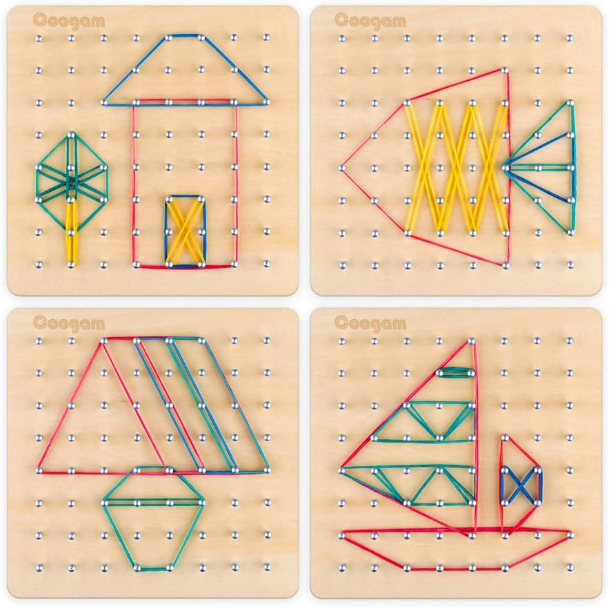 Coogam Wooden Geoboard Mathematical Manipulative Material Array Block Geo Board – Graphical Educational Toys with 30Pcs Pattern Cards and Latex Bands Shape STEM Puzzle Matrix 8x8 Brain Teaser for Kid