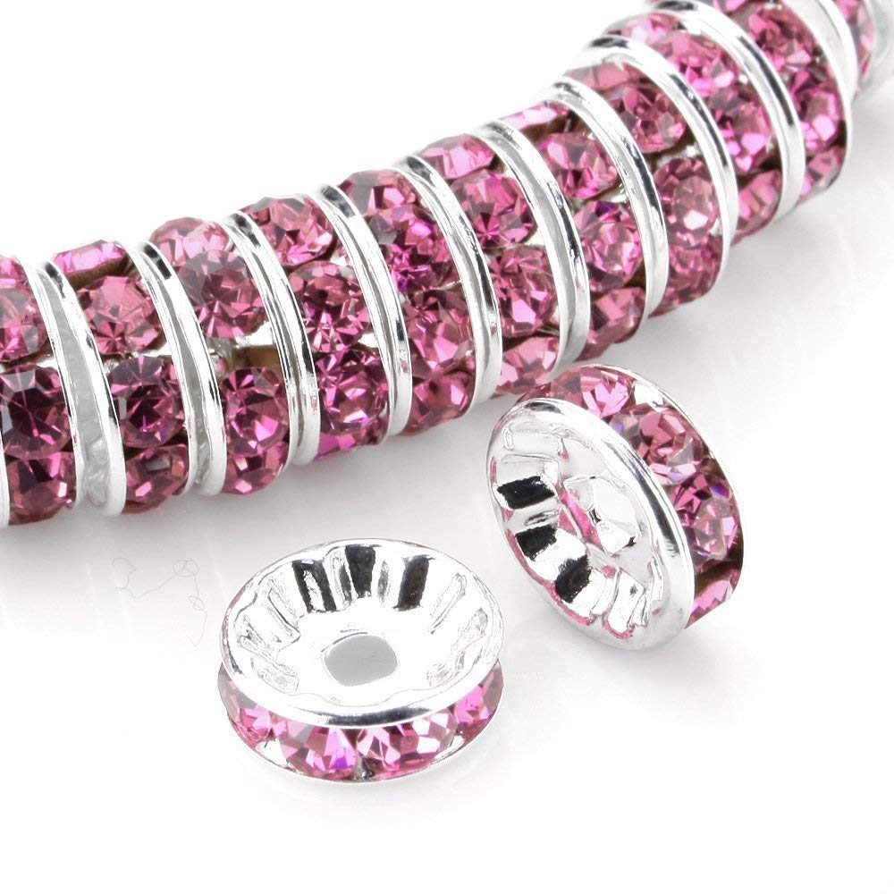 Allb 100Pcs Rondelle Spacer Beads 8mm Silver Plated Czech Crystal Rhinestone for Jewelry Making Loose Beads for Bracelets