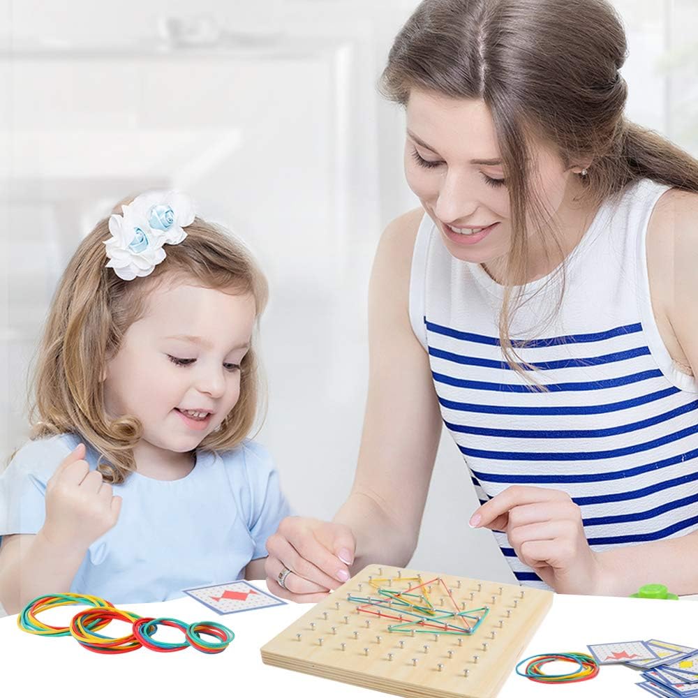 Wooden Geoboard, Montessori STEM Toy with Pattern Blocks for Kids Ages 3+