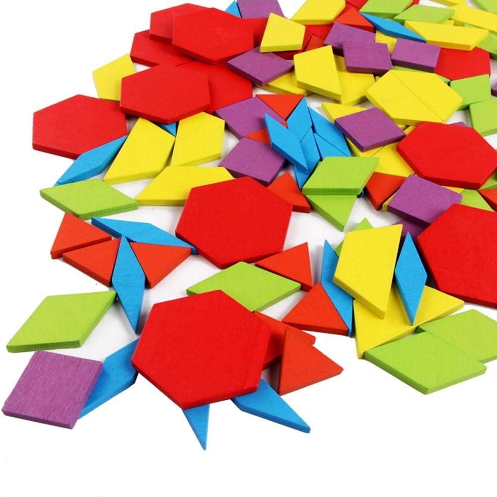 JCREN Wooden Pattern Blocks Geometric Tangram Shape Puzzle 155Pcs