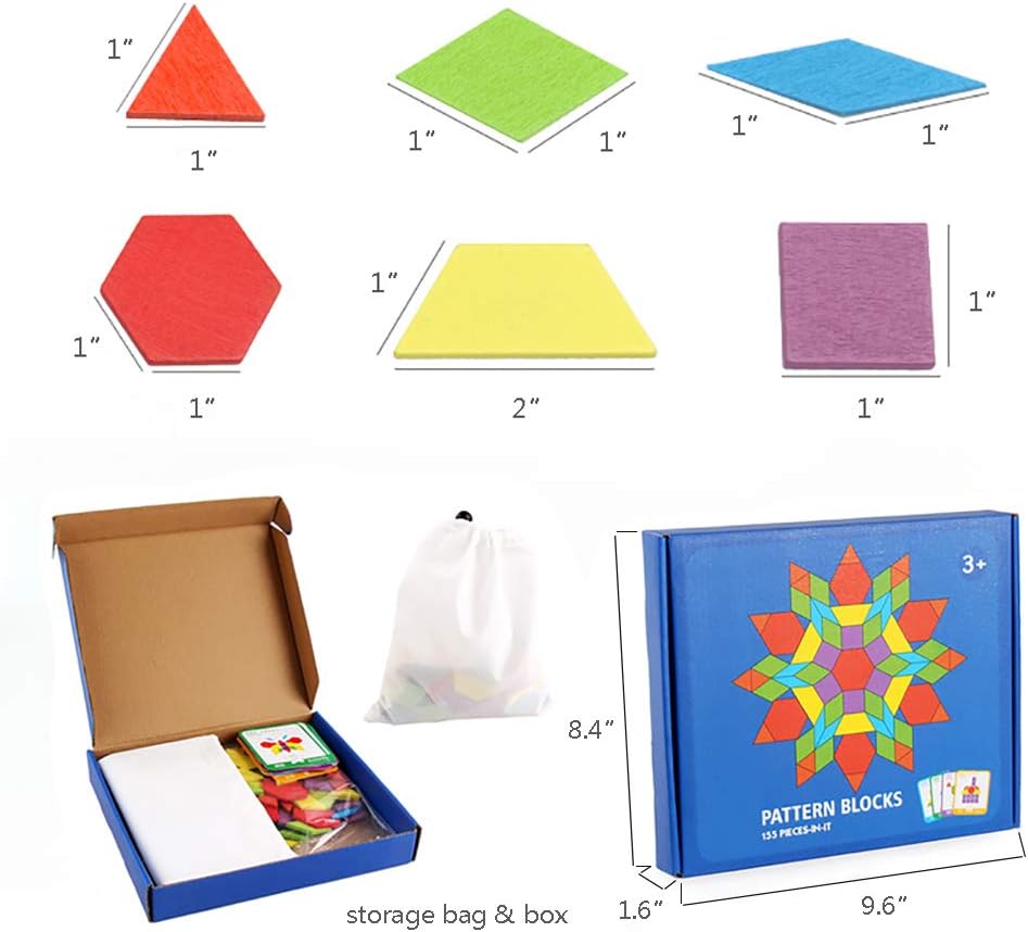 155 Pcs Wooden Pattern Blocks Set Geometric Shape Puzzle