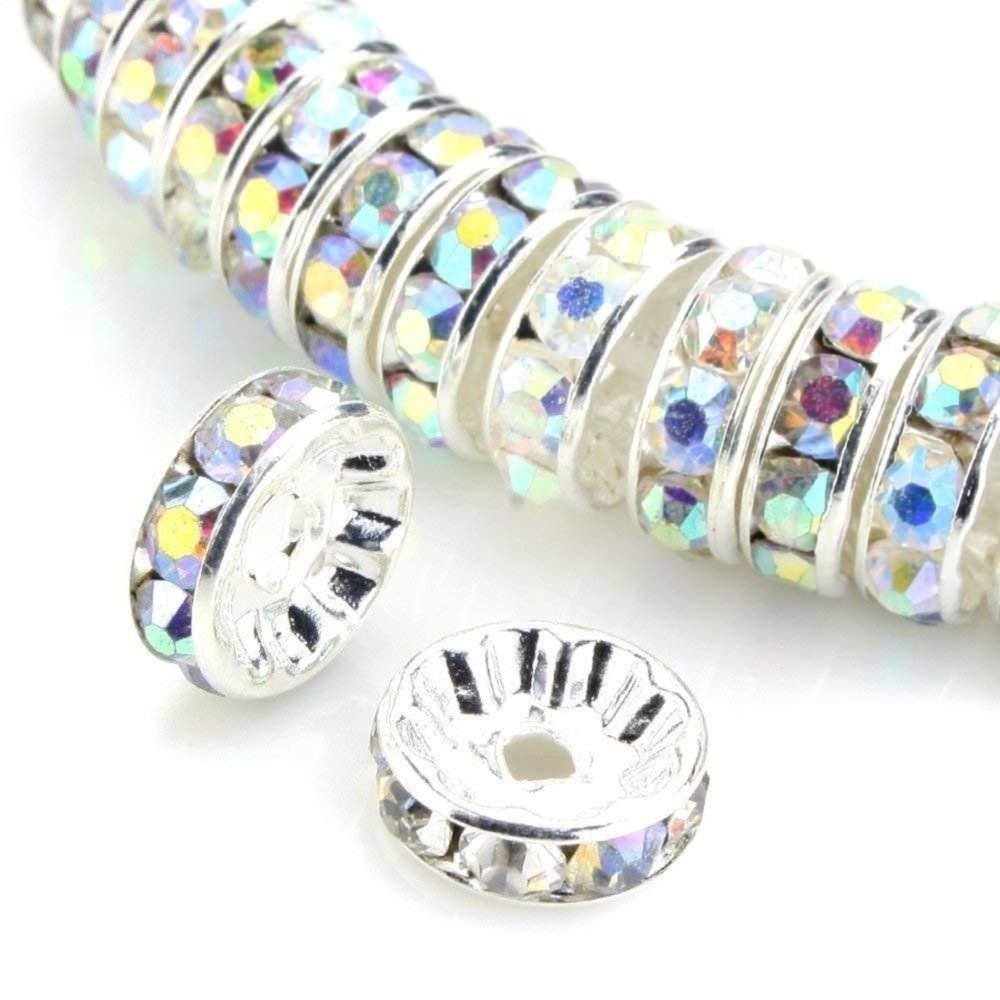 Allb 100Pcs Rondelle Spacer Beads 8mm Silver Plated Czech Crystal Rhinestone for Jewelry Making Loose Beads for Bracelets