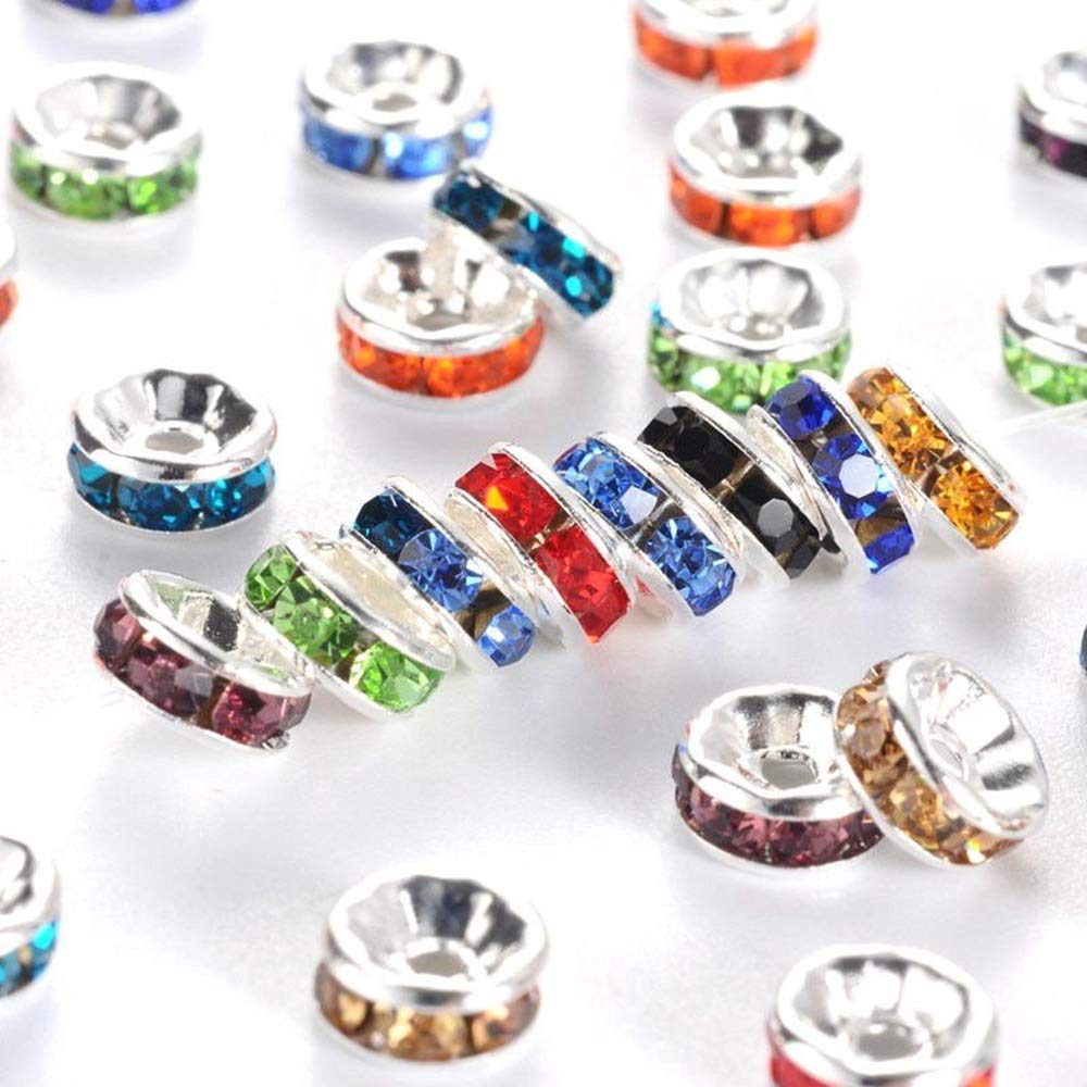 Allb 100Pcs Rondelle Spacer Beads 8mm Silver Plated Czech Crystal Rhinestone for Jewelry Making Loose Beads for Bracelets
