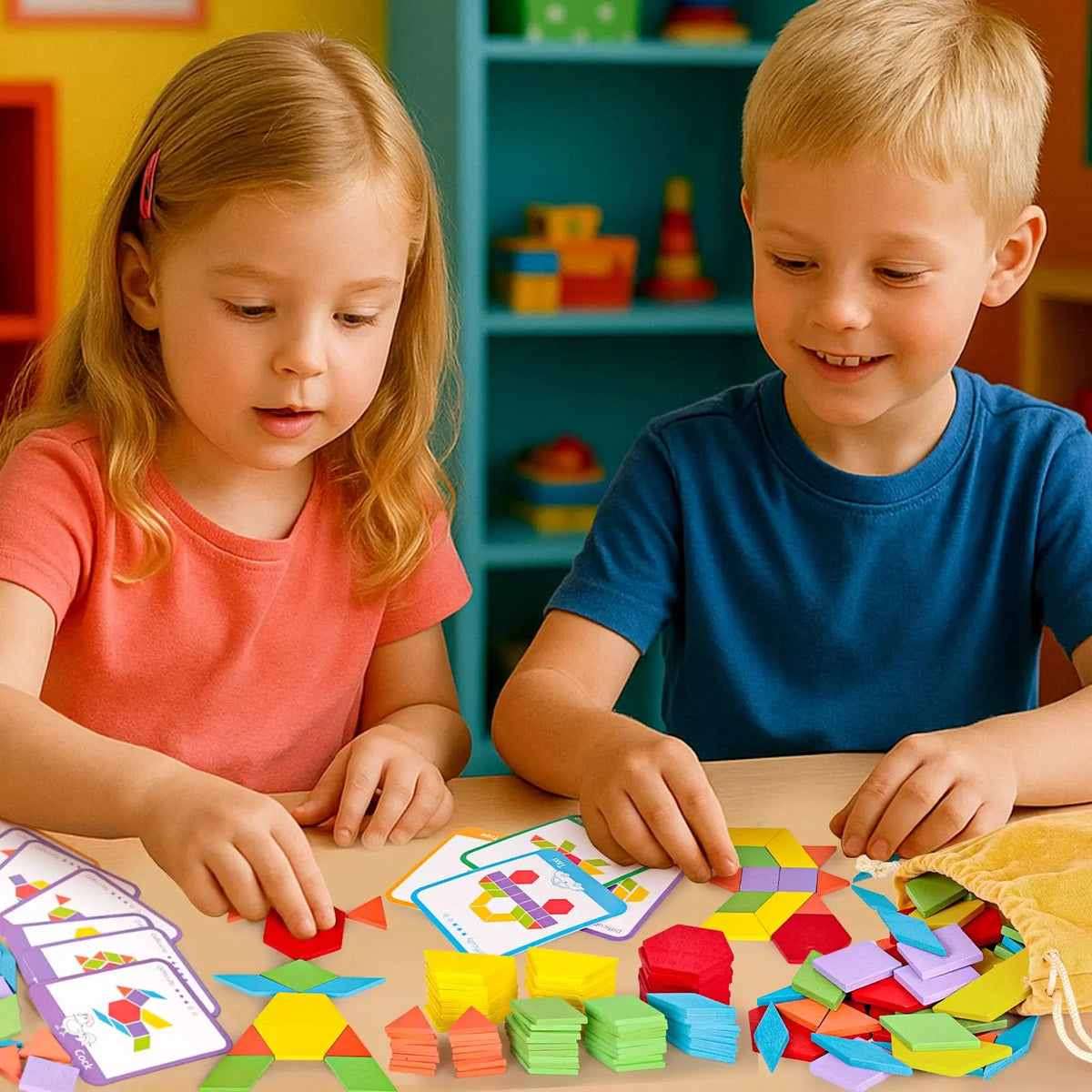 209pcs Wooden Geometric Shapes Pattern Blocks Set, Kids Tangram Puzzles with 24 Activity Cards, Storage Bag & 3 Levels Challenges, Camping-Friendly Educational Gift for Toddlers Aiding Children Development & Cultivating Teamwork Skills
