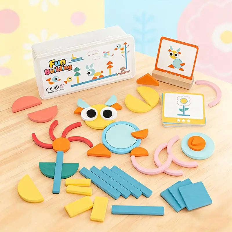 Unisex BPA-Free Wooden Geometric Puzzle Blocks - Safe Construction Toy, Cognitive Sports Play, Animals & Nature Theme, Children Development Trainer, Shape Matching Stacking Toy, Plastic Storage Box, Birthday Gift
