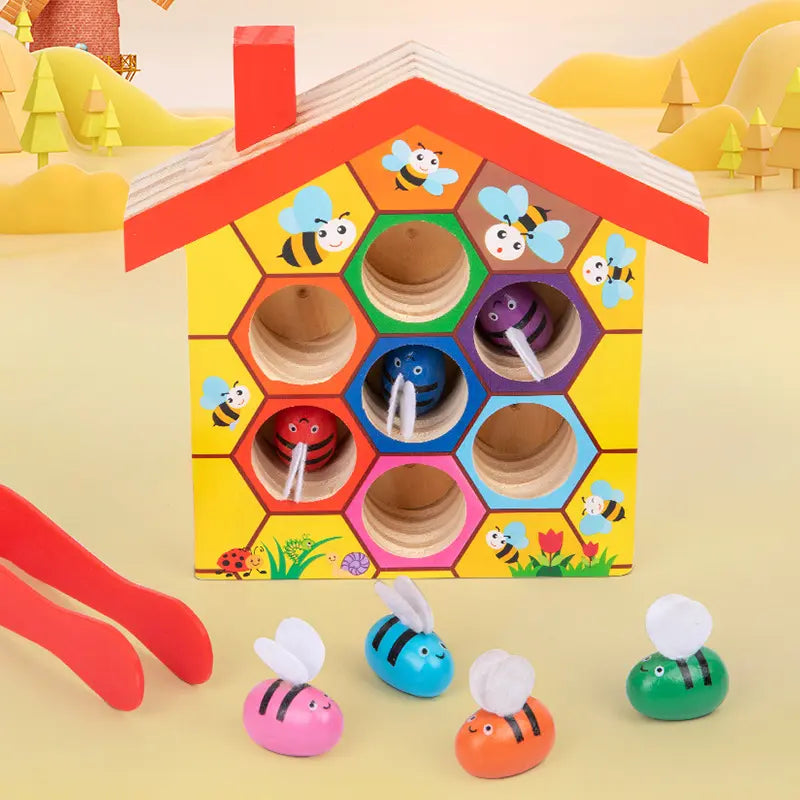 Wooden Montessori Beehive Game Toy for Kids, Early Educational Color Recognition Toy with Clamping Bees