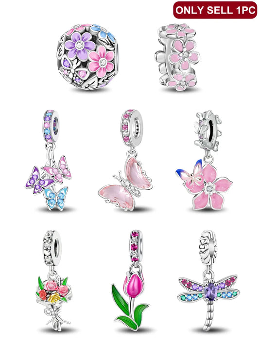 Butterfly & Flower Design Charms, Cute DIY Beads with Colorful Rhinestone, Trendy Exquisite DIY Jewelry for Birthday Gift, Beads Charms Accessories, Jewelry Making Charms, Charms for Crafts, Diy Craft Embellishments