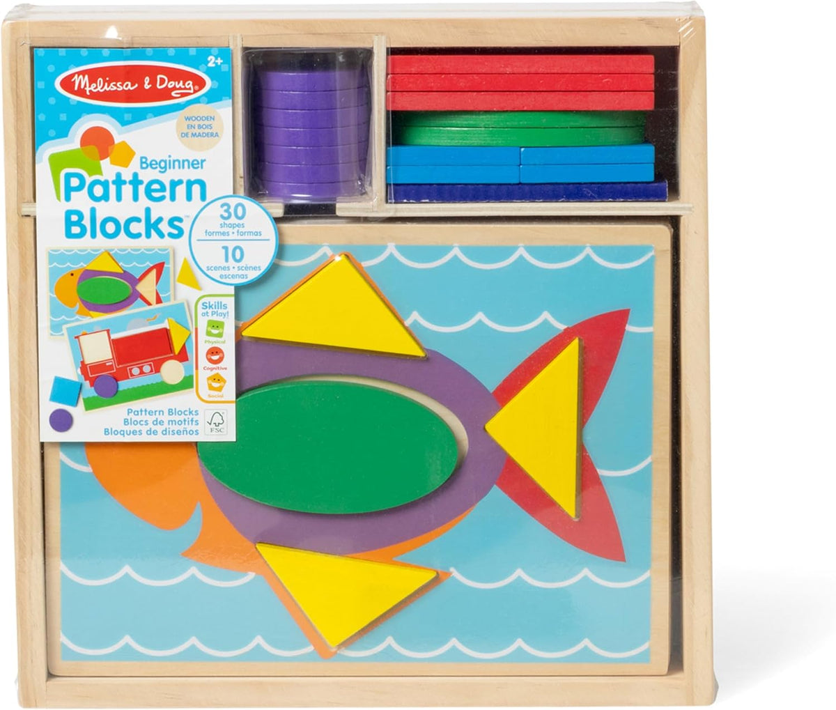 Melissa & Doug Beginner Wooden Pattern Blocks Educational Toy with 5 Double-Sided Scenes and 30 Shapes Puzzles for Kids 3+