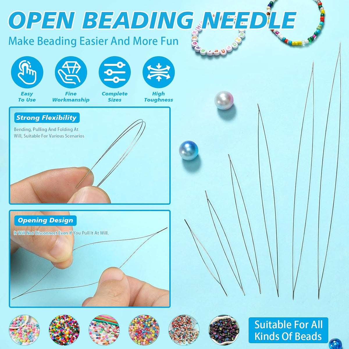 kdafio Big Eye Beading Needles Set, Long Straight Bead Needles