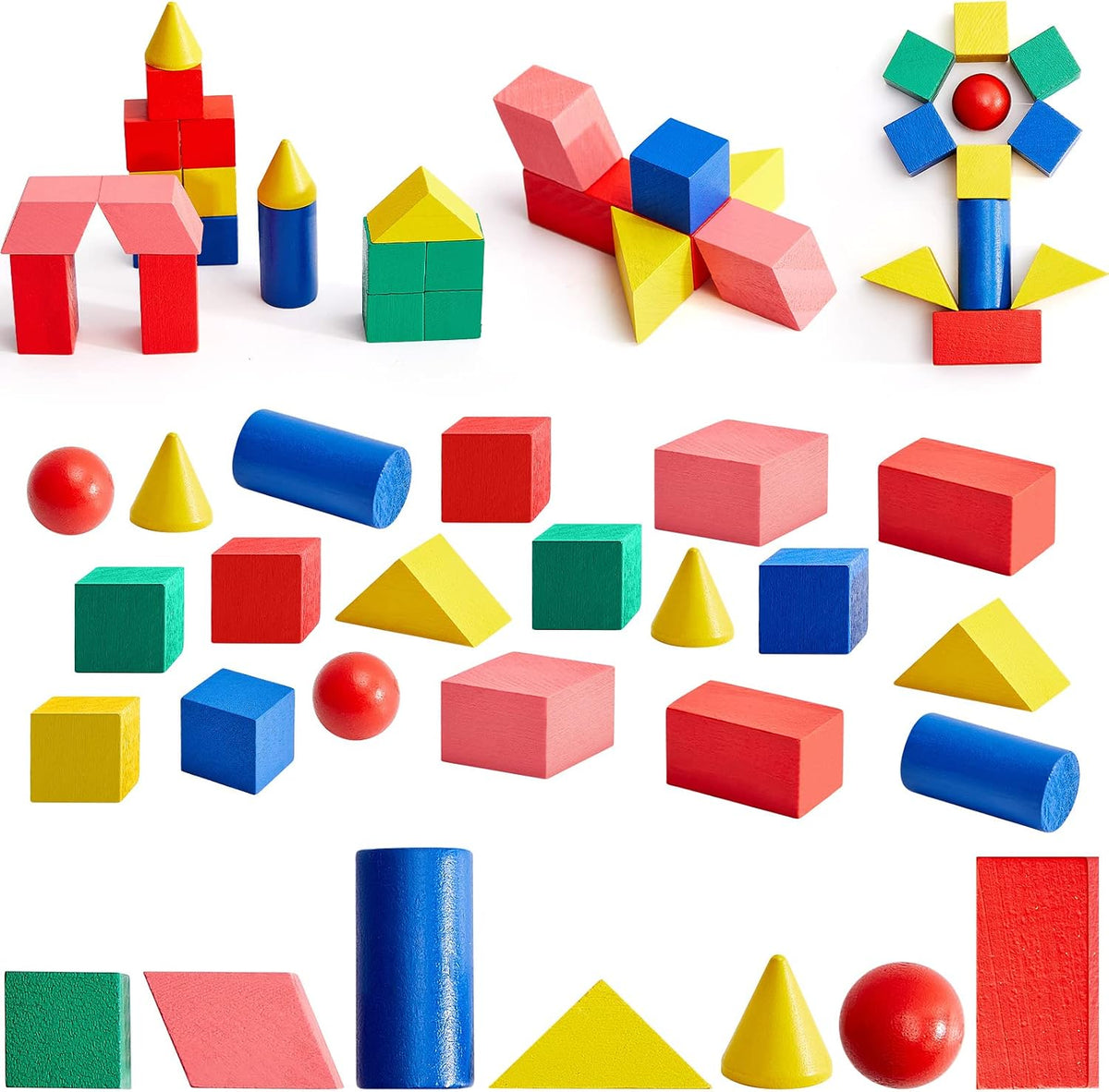 Deekin 70 Pcs Wood Geometric Solid Mini 3D Shape Wooden Building Block Bul