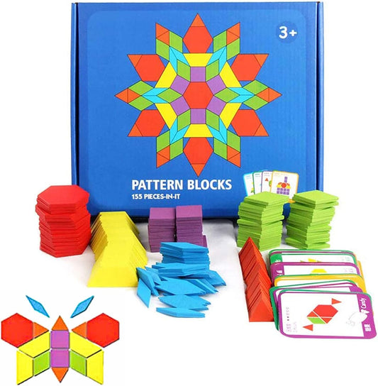 JCREN Wooden Pattern Blocks Geometric Tangram Shape Puzzle 155Pcs
