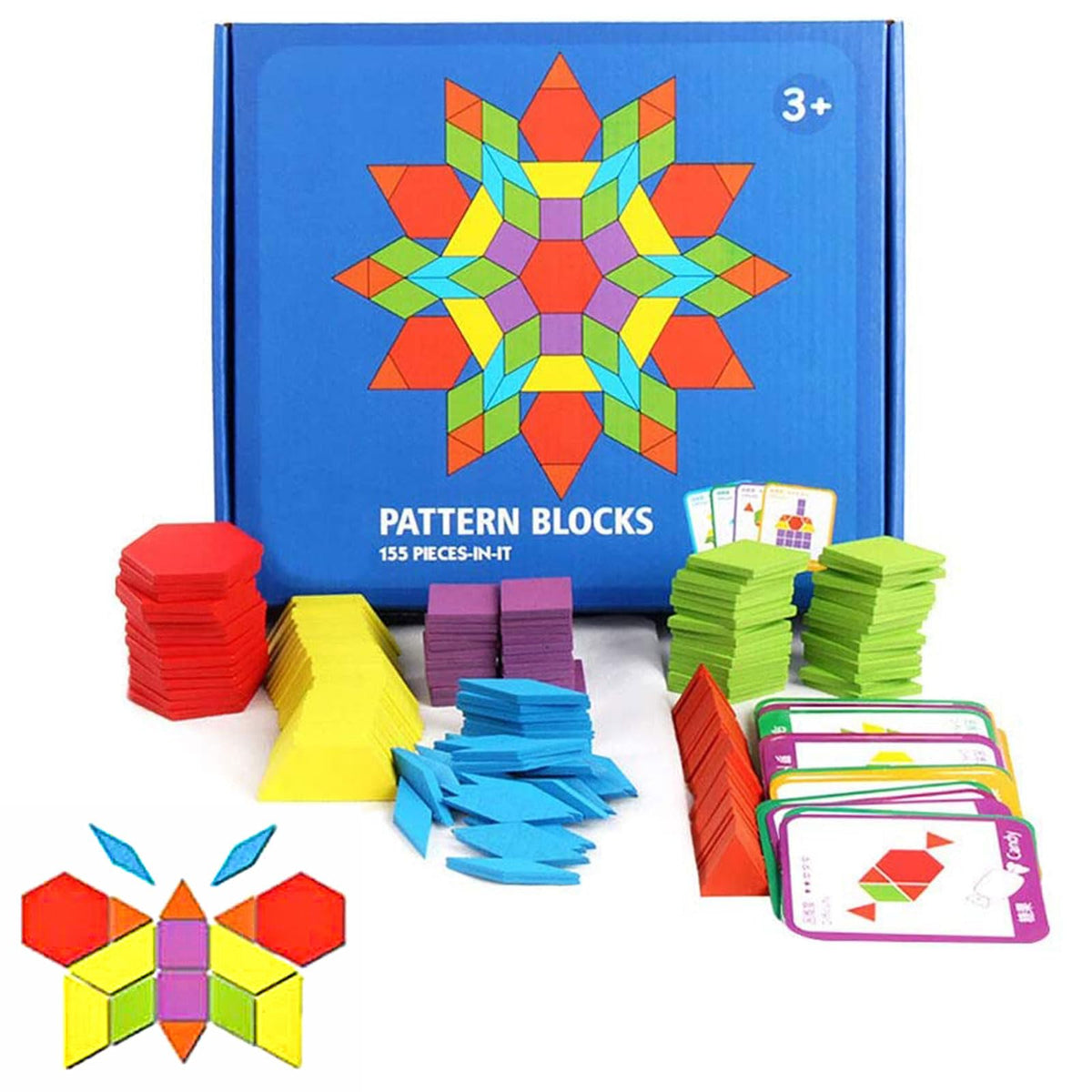 JCREN Wooden Pattern Blocks Geometric Tangram Shape Puzzle 155Pcs