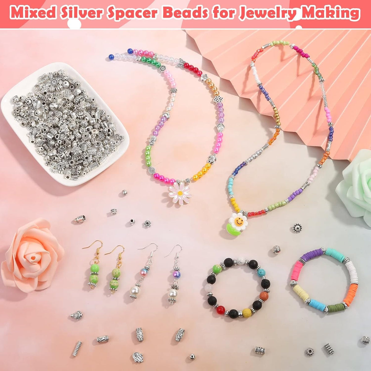 350 Pcs Silver Spacer Beads for Jewelry Making, Mixed Bulk Random Styles Metal Beads for Bracelets, Necklace, Earring Jewelry Making