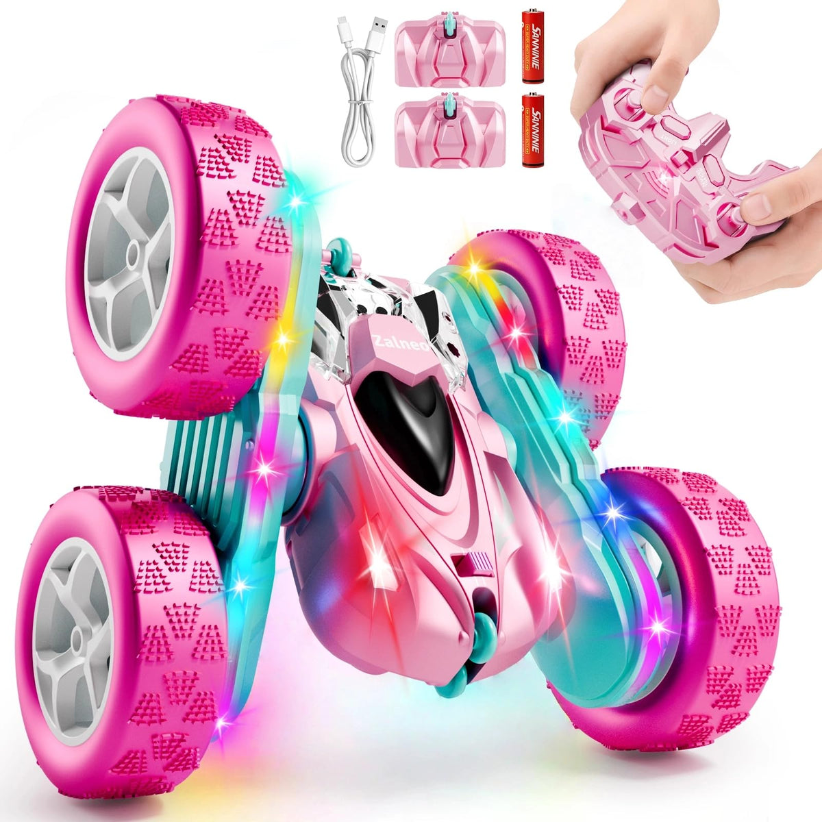 Remote Control Stunt Car 4WD 360° Flip Double‑Sided RC Cars, LED Light Bar, USB‑C Modular Battery, 2.4 GHz Outdoor Beach Toy for Boys 6‑12 Years Old, Birthday & Christmas Kids Gift, Blue