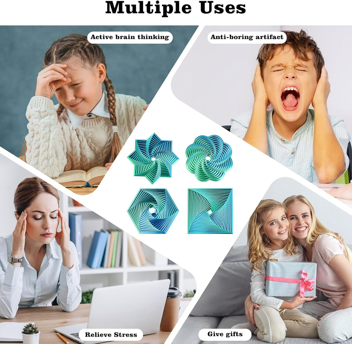 4PCS 3D Printed Fidget Toys,Fractal Hexagon Stress Toys for Kids Adults
