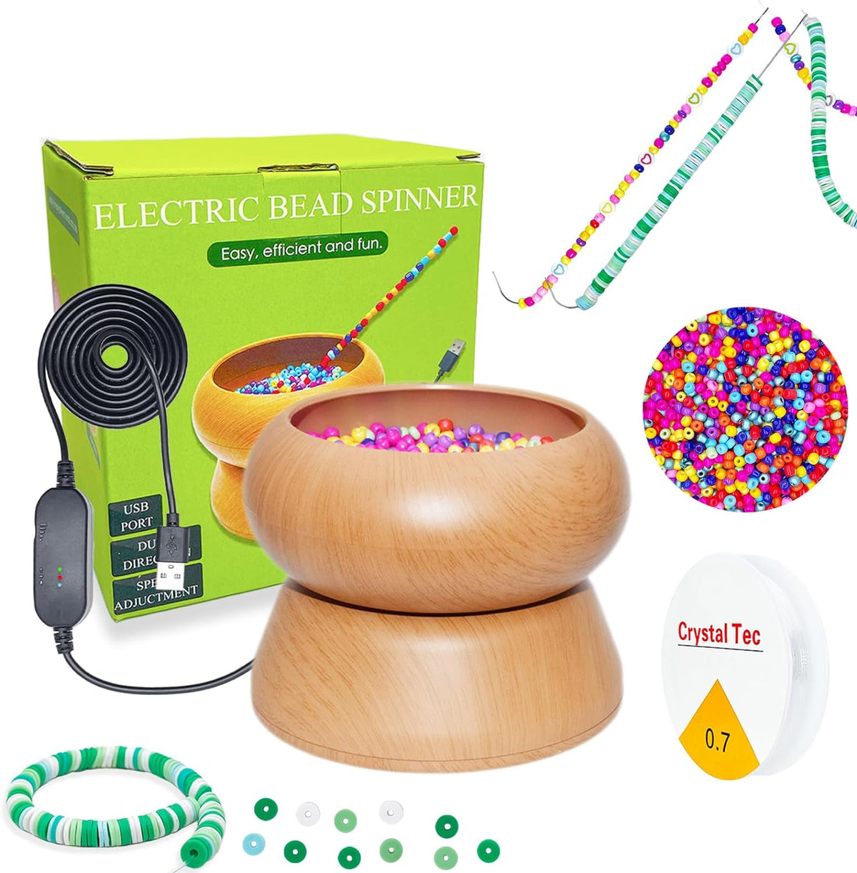 Xmada Electric Bead Spinner - Clay Bead Spinner with 2PC Beading Needles and Seed Beads, Waist Beads Kit, Bead Spinner for Jewelry Making, Electric | Speed Adjustment Beading Tools