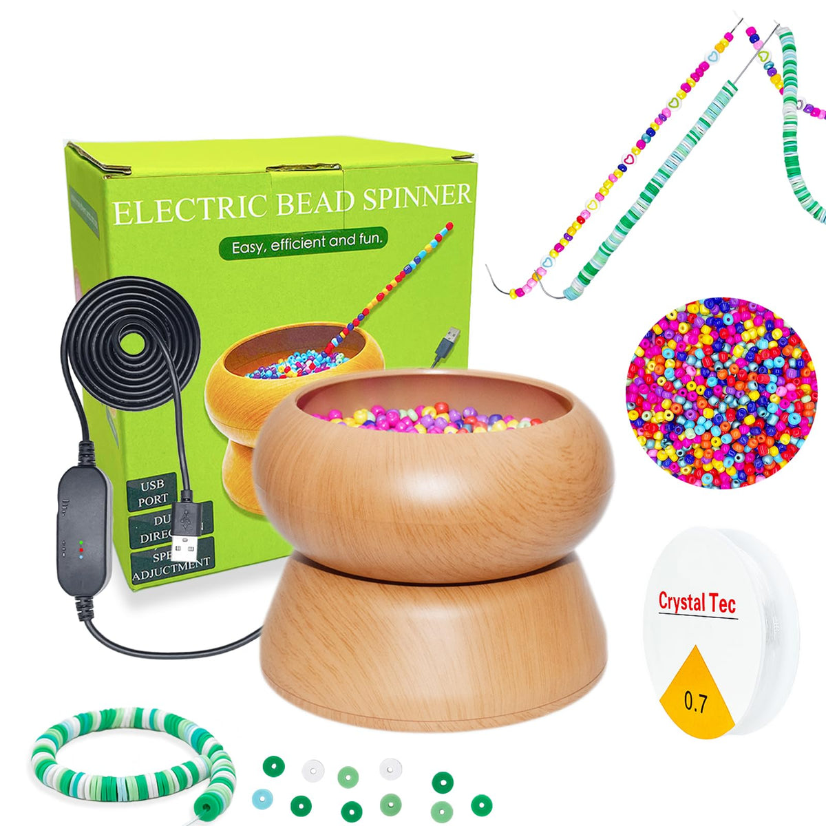 Xmada Electric Bead Spinner - Clay Bead Spinner with 2PC Beading Needles and Seed Beads, Waist Beads Kit, Bead Spinner for Jewelry Making, Electric | Speed Adjustment Beading Tools