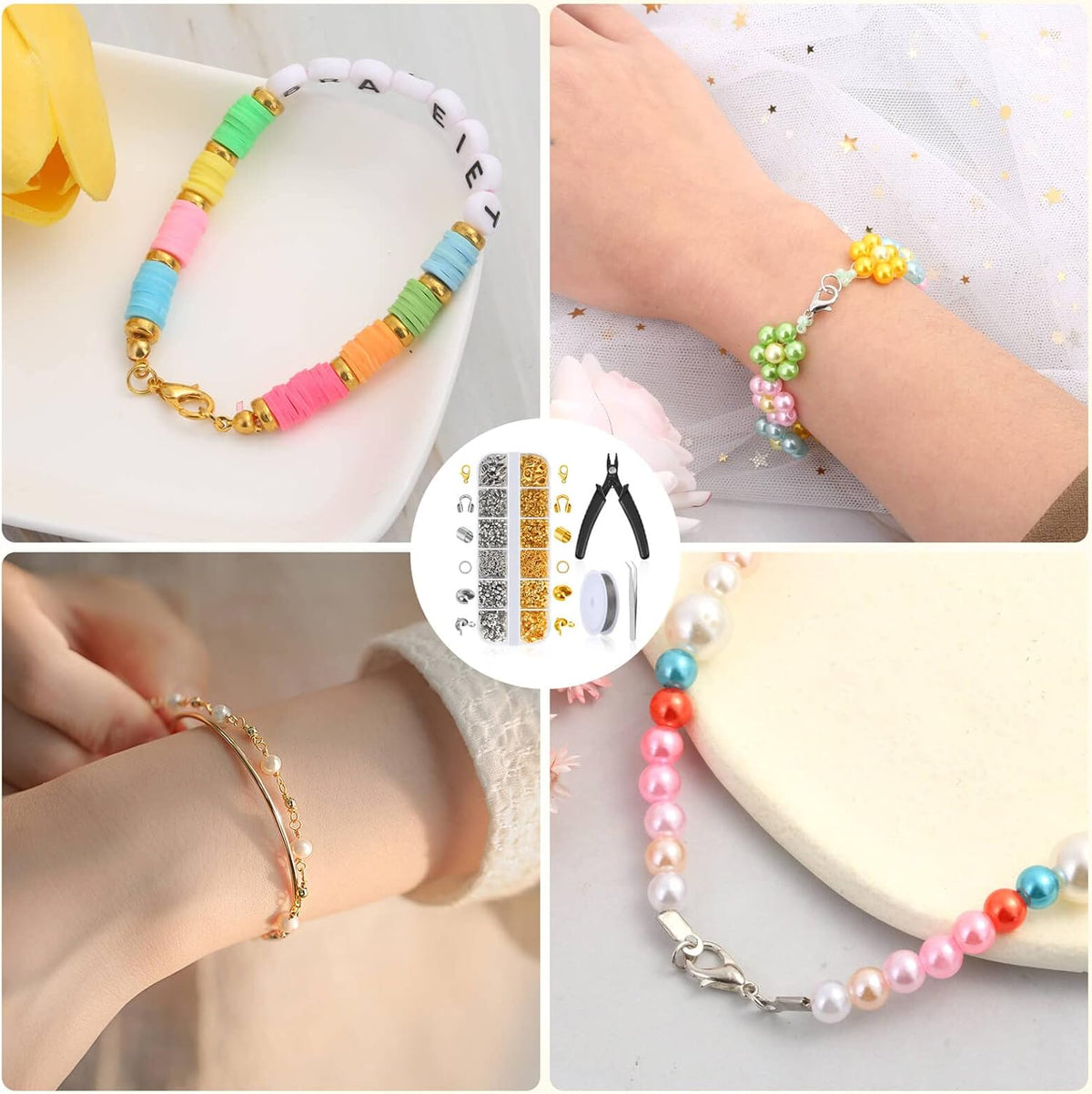 Acejoz 1203 Pcs Crimp Beads Supplies for Jewelry Making, Including Crimp Covers, Crimp Tubes and Wire Guardians, Lobster Clasps, Jump Rings, Crimping Pliers and Beading Wire for Bracelets Making