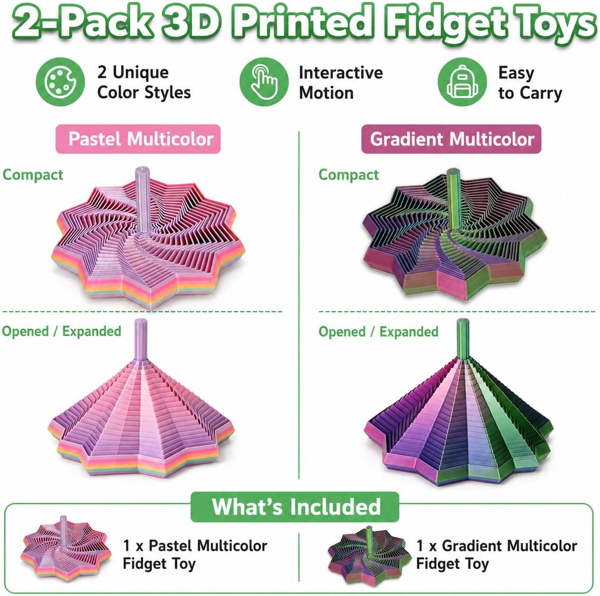 2 Pack 3D Printed Fidget Spinners, Geometric Clicker Toys